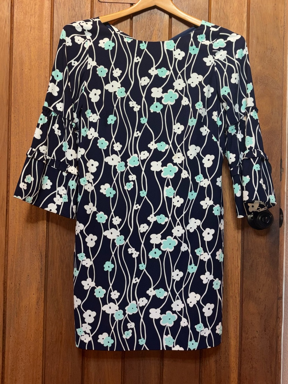 Talbots Floral Print Navy Shift Dress with Ruffle Sleeves